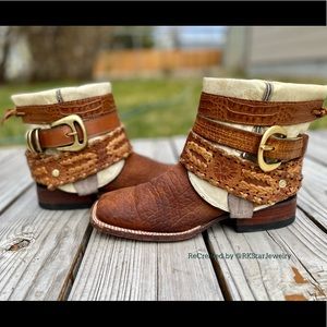 Sz 7.5 Tan Square Toe Ankle Cowboy Boots UPCycled Cowgirl Bootie Boots